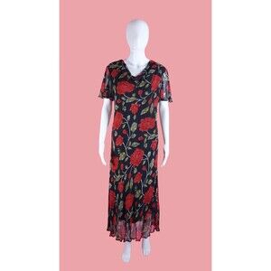 1990s-Y2K BEDFORD FAIR ROSE Printed Flutter Sleeves Black Dress. L-XL